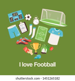 Football equipment and supplies banner vector illustration. Soccer love set of icons with field, ball, trophy, scoreboard and whistle. Pieces of clothing gloves, uniform and boots.