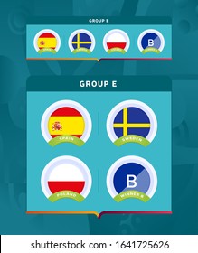 Football euro 2020 tournament final stage group E vector stock illustration. 2020 European soccer tournament with background. Vector country flags