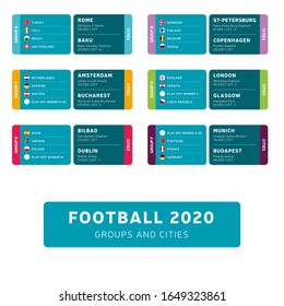 Football euro 2020 tournament final stage groups and stadium cities vector stock illustration. 2020 European soccer tournament with background. Vector country flags