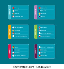 Football euro 2020 tournament final stage groups vector stock illustration. 2020 European soccer tournament with background. Vector country flags