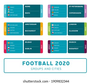 Football euro 2020 tournament final stage groups and stadium cities vector stock illustration. 2020 soccer tournament with background. Vector country flags