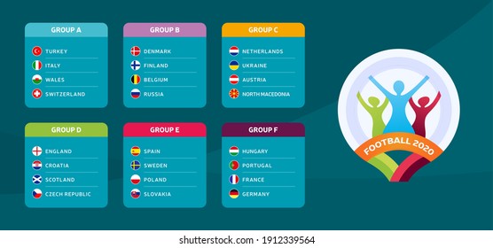 Football euro 2020 tournament final stage groups vector stock illustration. 2020 European soccer tournament with background. Vector country flags