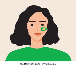 Football fan from Brazil with flag. Flat vector stock illustration. Flag on the face. Brazilian sports fan from Latin America isolated. Brazilian flag. Vector graphics