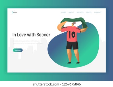 Football Fan Character Landing Page. Happy Rooter Celebrate in Red Uniform Soccer Event Victory with Flag Concept for Website or Web Page. Flat Vector Illustration