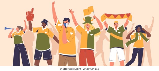 Football Fan Characters Cheering with Flags, Banners and Pipes, Watching Soccer Match at Stadium, Vector Illustration