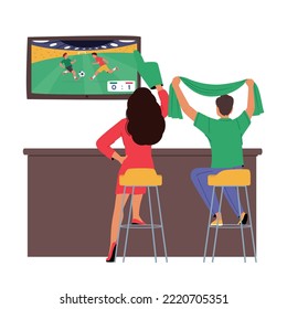Football Fan Characters Enjoying Match on Tv Sitting with Team Attributes at Night Club Desk Rear View. Excited Man and Woman Cheering and Support Soccer Team. Cartoon People Vector Illustration