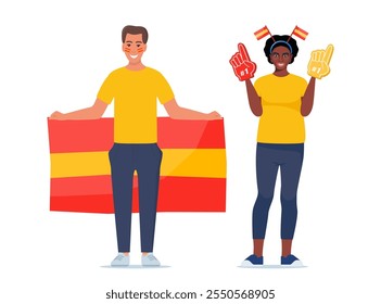 Football fan characters, man and woman. Soccer fan holding flag and foam fingers, supporting favorite team. Soccer fans set. Vector illustration