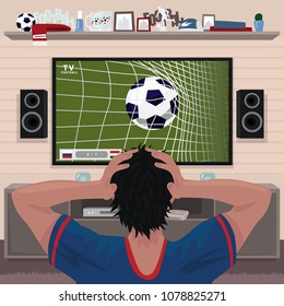 Football fan in despair grabs his head after the goal. Viewing soccer game at home on big TV. Interior room of football fan. Realistic cartoon style