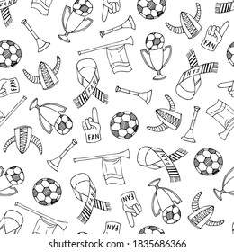 Football fan doodle seamless pattern. Hand drawn texture. Stock vector illustration.