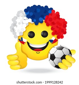 Football fan, emoji in Czech Republic flag color wig. Vector emoticon smiles holding thumb up, soccer ball. Yellow emoticon for internet chats, sports bars. Isolated icon for mobile apps, social media