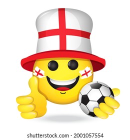 Football fan, emoji in English flag colors hat. Vector emoticon smiles holding thumb up, with soccer ball. Yellow emoticon for internet chats, sports bars. Isolated icon for mobile apps, social media