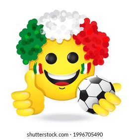 Football fan, emoji in Italian flag colors wig. Vector emoticon smiles holding thumb up, with soccer ball. Yellow emoticon for internet chats, sports bars. Isolated icon for mobile apps, social media
