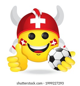 Football fan, emoji in Swiss flag colors hat. Vector emoticon smiles holding thumb up, with soccer ball. Yellow emoticon for internet chats, sports bars. Isolated icon for mobile apps, social media