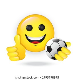 Football fan emoji. Vector cartoon cute emoticon smiles holding thumb up, plays with soccer ball. Yellow emoticon for internet chats, sports bars. Isolated icon for mobile apps, social media, web