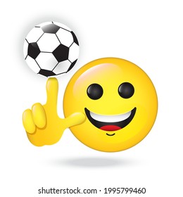 サッカーファンの絵文字 ベクター絵文字は ボールを手に持ったり回したりしてほほ笑み サッカーボールで遊ぶ インターネットチャット スポーツバー用の黄色い 絵文字 モバイルアプリ ソーシャルメディア用の分離型アイコン のベクター画像素材 ロイヤリティフリー