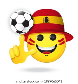Football fan emoji. Vector emoticon in Spanish flag colors hat is spinning ball on the finger, playing with soccer ball, for internet chats, sports bars. Isolated icon for mobile apps, social media