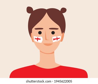 Football fan from England with a flag. Flat vector stock illustration. Flag on the face. English sports fan from Europe isolated. English flag. Vector graphics
