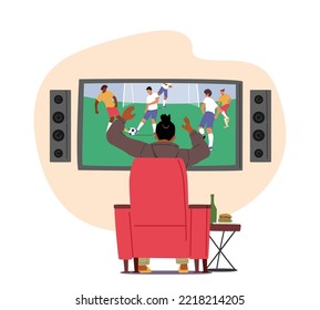 Football Fan Enjoying Match on Tv Sitting on Couch with Beer and Burger Rear View. Man Cheering for Favorite Team. Excited Male Character Soccer Supporter. Cartoon People Vector Illustration