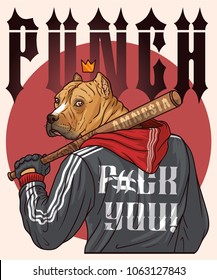  Hincha de fútbol. Luchador con bate de béisbol. Brutal gangster de pitbull con bate de béisbol. Impresión de franjas para imprimir en camisetas y té. Tee gráfico y tee impreso. Ilustración del vector sobre fondo blanco