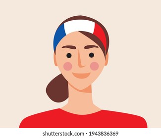 Football fan from france with flag. Flat vector stock illustration. Flag on the face. French sports fan from Europe isolated. French flag. Vector graphics
