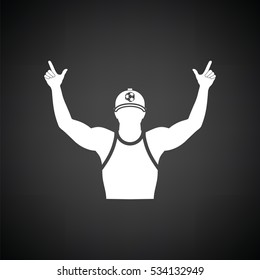 Football fan with hands up icon. Black background with white. Vector illustration.