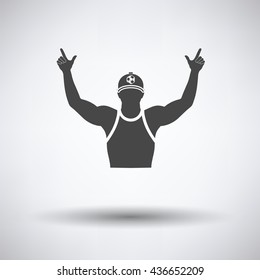 Football fan with hands up icon on gray background, round shadow. Vector illustration.