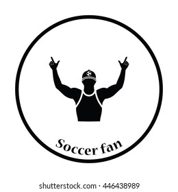 Football fan with hands up icon. Thin circle design. Vector illustration.