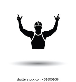 Football fan with hands up icon. White background with shadow design. Vector illustration.