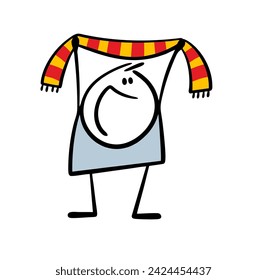 Football fan holds up scarf in color of his favorite team and screams. Vector illustration of energetic sports fan supporting athletes and waving clothes at the stadium. Isolated on white background.