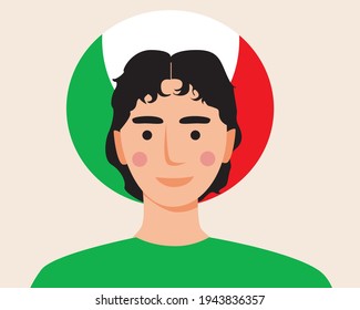 Football fan from italy with flag. Flat vector stock illustration. Flag on the face. Italian sports fan from Europe isolated. Italian flag. Vector graphics