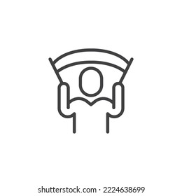 Football fan line icon. linear style sign for mobile concept and web design. Man holding flag outline vector icon. Symbol, logo illustration. Vector graphics