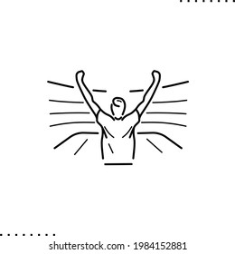 football fan on a stadium, rise up hands man vector icon in outline