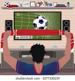 Football Fan Rejoices At The Goal. Viewing Soccer Game At Home On Big TV. Interior Room Of Football Fan. Realistic Cartoon Style