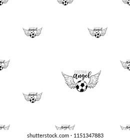 Football fan seamless pattern with ball angel sign. Black vector sketch t-shirt design with european football or soccer ball and text on white background.