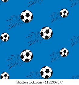 Football fan seamless pattern with flying football ball. Graphic black vector sketch t-shirt design with european football or soccer ball on blue background.