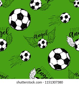 Football fan seamless pattern with flying football ball with angel wings. Graphic black sketch t-shirt design with european football or soccer ball on green grass background. 