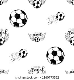 Football fan seamless pattern with flying football ball with angel wings. Graphic black sketch t-shirt design with european football or soccer ball on white background. 