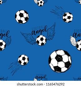 Football fan seamless pattern with flying football ball with angel wings. Graphic black sketch t-shirt design with european football or soccer ball on blue background. 