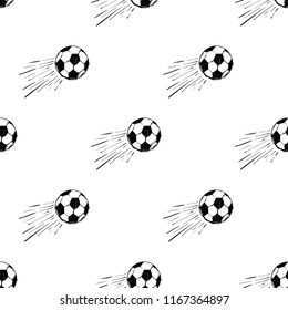 Football fan seamless pattern with flying football ball. Graphic black vector sketch t-shirt design with european football or soccer ball on white background.