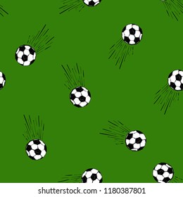 Football fan seamless pattern with flying football ball. Graphic black vector sketch t-shirt design with european football or soccer ball on green background.