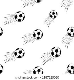 Football fan seamless pattern with flying football ball. Graphic black vector sketch t-shirt design with european football or soccer ball on white background.