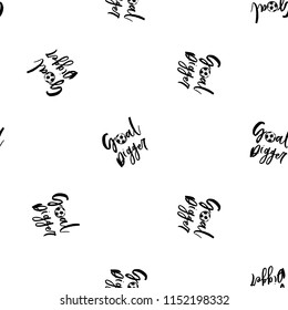 Football fan seamless pattern with goal digger sign. Graphic black sketch t-shirt design with european football or soccer ball and text on white background. Vector illustration.