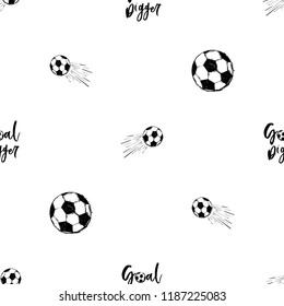 Football fan seamless pattern with goal digger sign and flying soccer balls. Black vector sketch t-shirt design with european football or soccer ball and text on white background.