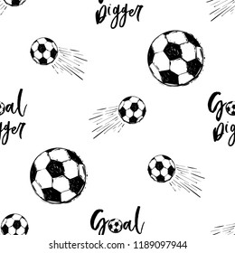 Football fan seamless pattern with goal digger sign and flying soccer balls. Black vector sketch t-shirt design with european football or soccer ball and text on white background.
