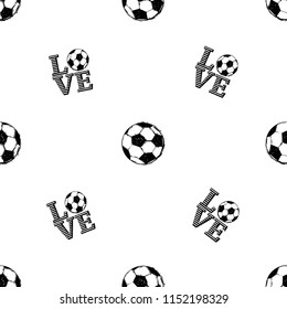 Football fan seamless pattern with love football sign and soccer ball. Graphic black vector sketch t-shirt design with european football or soccer ball and text on white background.