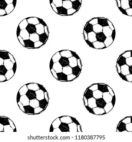 Football fan seamless pattern with soccer ball. Graphic black sketch t-shirt design with european football or soccer ball on white background. Vector illustration.