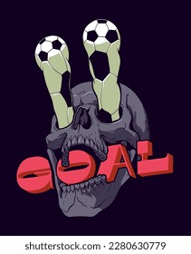 Football fan skull. Skull with soccer ball eyes. European football silkscreen t-shirt print vector illustration.