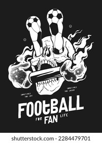 Football fan skull. Soccer balls popping out as the eyes in the skull folding football fan fire. Football vintage typography silkscreen t-shirt print vector illustration.