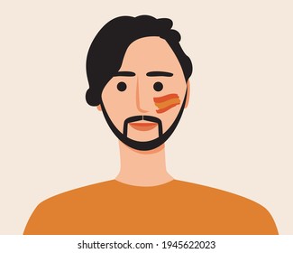 Football fan from spain with flag. Flat vector stock illustration. Flag on the face. Spaniard sports fan from Europe isolated. Spanish flag. Vector graphics
