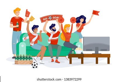 Football fan in sport clothes watching soccer on the TV. Supporter and championship. People on the sofa. Isolated vector cartoon illustration